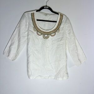 Boden Linen Beaded Tunic Top Ivory Scoop Neck 3/4 Sleeve Sz 10
